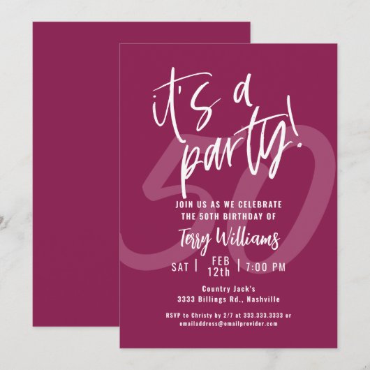 50e uitnodiging van de Birthday Partij in Roze Fun (Voorkant / Achterkant)