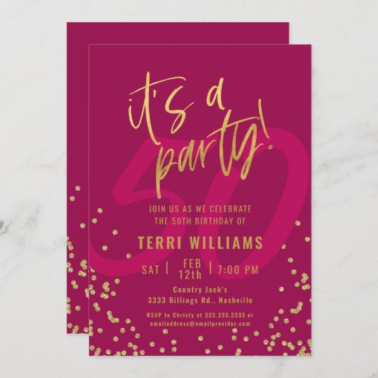 50e uitnodiging voor een roze- en goudfeest (Voorkant / Achterkant)