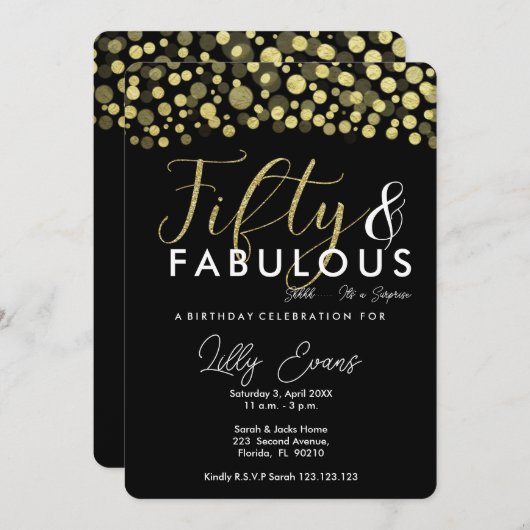 50e uitnodiging voor verjaardagsfeestje, zwart en (Voorkant / Achterkant)