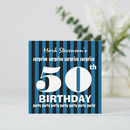50e URPRISE Birthday Party Blue Stripes A01 Kaart (Staand voorkant)