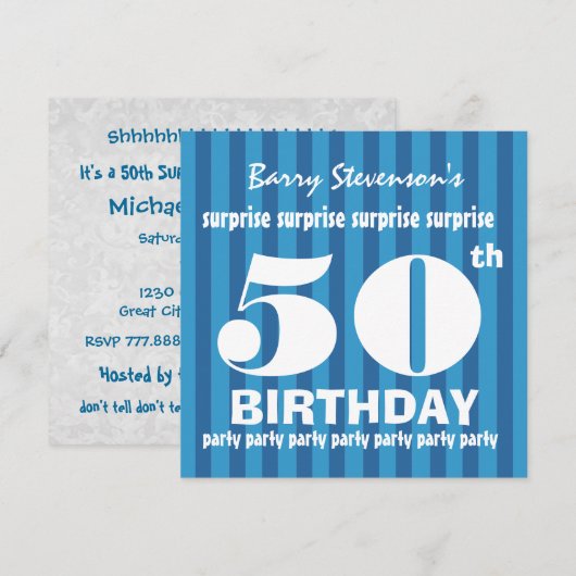 50e URPRISE Birthday Party Blue Stripes A06 Kaart (Voorkant / Achterkant)