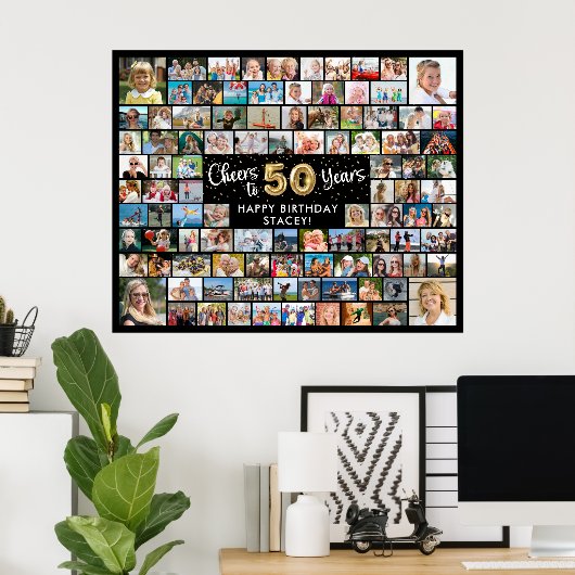 50e verjaardag 100 foto's zwart goud juichen voor  poster (Thuiskantoor)