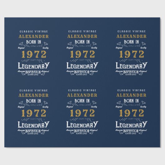 50e verjaardag 1972 Blue Gold Add Name Legendary Cadeaupapier (Vlak)