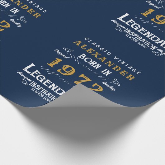 50e verjaardag 1972 Blue Gold Add Name Legendary Cadeaupapier (Hoek)