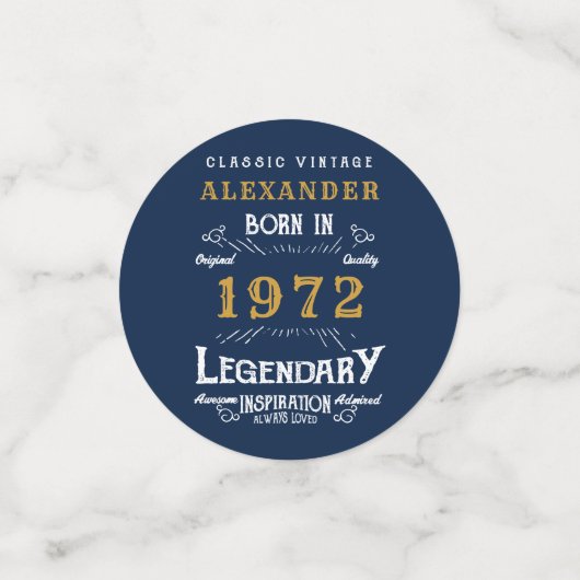 50e verjaardag 1972 Blue Gold Add Name Retro Confetti (Kleine voorkant)