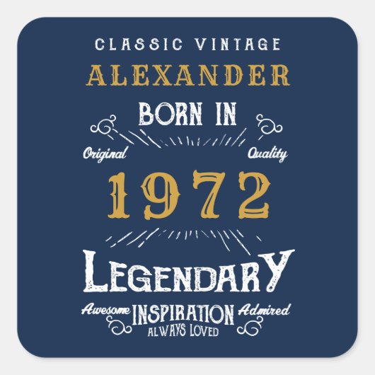 50e verjaardag 1972 Naam Legendary Blue Gold toevo Vierkante Sticker (Voorkant)