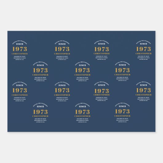 50e verjaardag 1973 Blue Gold Add Name Inpakpapier Vel (Voorkant)