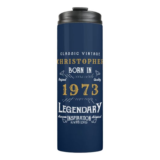 50e verjaardag 1973 Legendary Blue Gold Add Name Thermosbeker (Voorkant)