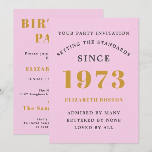 50e verjaardag 1973 Roze grijs Benaming Jaar Kaart (Voorkant / Achterkant)