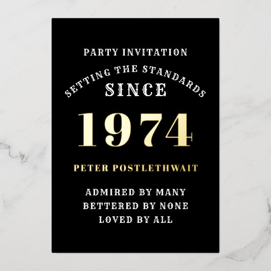 50e verjaardag 1974 zwart goud gepersonaliseerd vo folie uitnodiging (Voorkant)