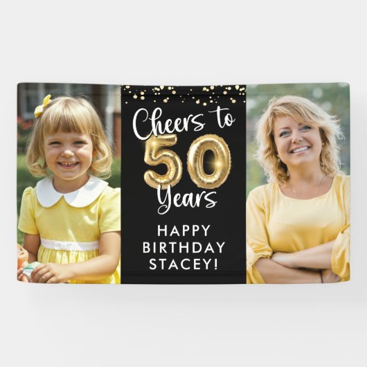 50e verjaardag 2 foto's Proost op 50 jaar Confetti Spandoek (Horizontaal)