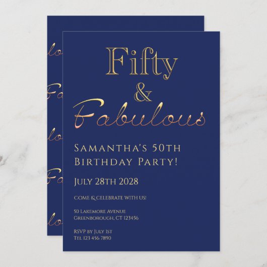 50e verjaardag 50 en de gouduitnodiging van de Fab Kaart (Voorkant / Achterkant)