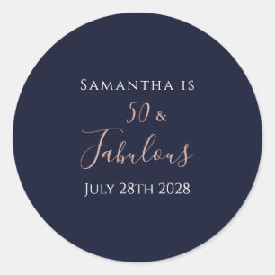 50e Verjaardag 50 en Fabulous Navy Roos Gold Ronde Sticker