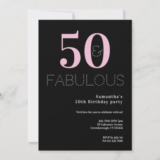 50e verjaardag 50 en fantastische zwarte roze part kaart (Voorkant)