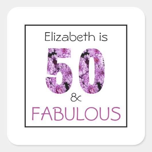 50e verjaardag 50 en Paarse Floral van Fabulous Vierkante Sticker (Voorkant)