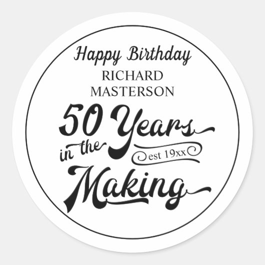 50e verjaardag 50 JAAR IN DE MAAK Gepersonaliseerd Ronde Sticker (Voorkant)