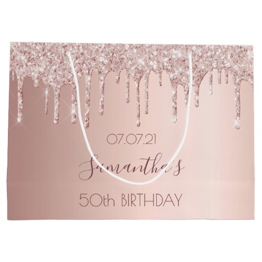 50e verjaardag 50 roos goud glitter druppelt roze groot cadeauzakje (Achterkant)