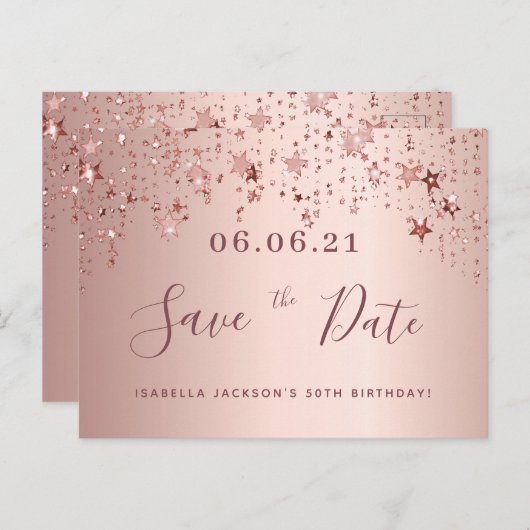 50e verjaardag 50 roos gouden sterren save the dat briefkaart (Voorkant / Achterkant)