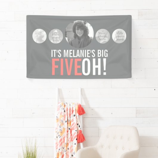 50e verjaardag 5 aangepaste foto's grijs koraal ba spandoek (Insitu)