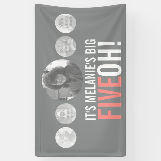 50e verjaardag 5 aangepaste foto's grijs koraal ba spandoek (Verticaal)