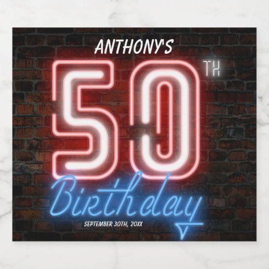 50e Verjaardag 80s Retro Neon  Fun Cool Bier Etiket (Enkel label)