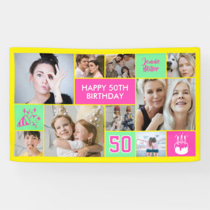 50e verjaardag aangepaste foto collage neon geel spandoek
