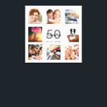 50e verjaardag aangepaste foto collage wit monogra canvas afdruk<br><div class="desc">Een unieke 50e verjaardagsgeschenk of -hoed, die haar leven viert met een collage van 8 van je foto's. Voeg afbeeldingen van haar familie, vrienden, huisdieren, hobbies of droomreisbestemming toe. Pas een naam, leeftijd 50 en een datum aan en voeg deze toe. Grijze en zwarte gekleurde letters. Een witte achtergrond. Dit...</div>