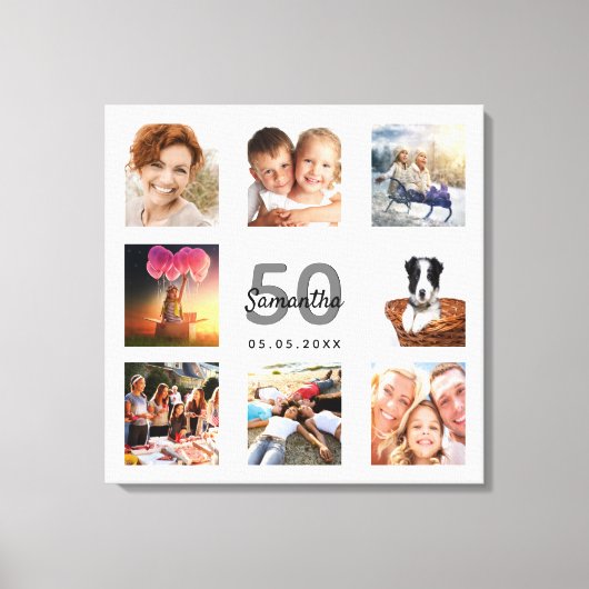 50e verjaardag aangepaste foto collage wit monogra canvas afdruk (Voorkant)