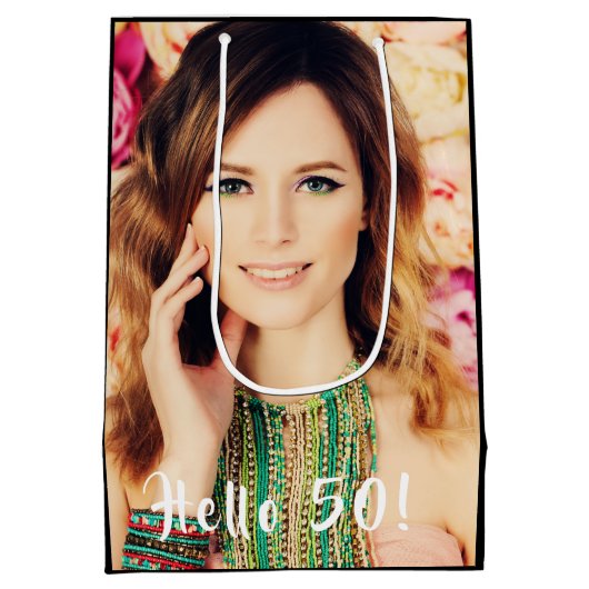 50e verjaardag aangepaste foto hallo 50 50 medium cadeauzakje (Achterkant)