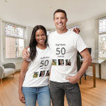 50e verjaardag aangepaste foto monogram man t-shirt<br><div class="desc">Voor een 50ste verjaardag als cadeau of voor het feest. Een collage van 3 van uw foto's van zichzelf vrienden,  familie,  interesse of huisdieren. Personaliseer en voeg zijn naam,  leeftijd 50 en een datum toe. Geboortedatum of de datum van het verjaardagsfeestje. Grijs en zwart gekleurde tekst.</div>