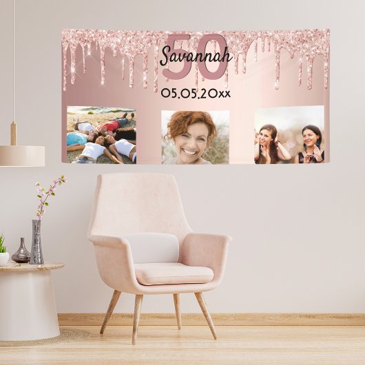 50e verjaardag aangepaste foto roos gouden roze gl spandoek