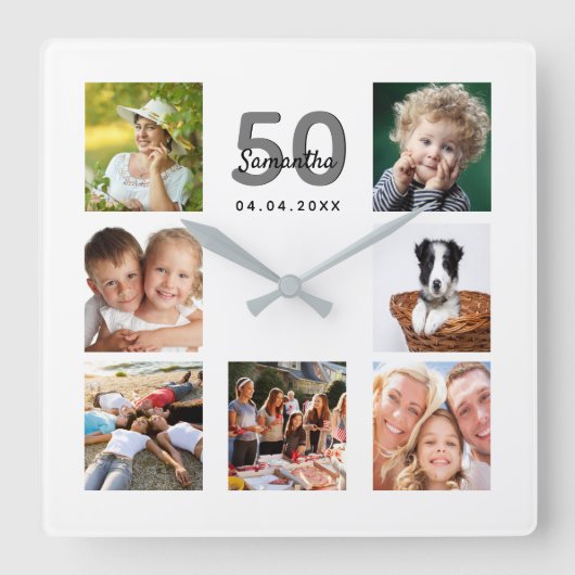 50e verjaardag aangepaste fotocollage familie vierkante klok (Voorkant)