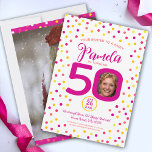 50e verjaardag aangepaste foto's roze gele confett kaart<br><div class="desc">Helderkleurige confetti willekeurige stippen verjaardag 50e verrassingsfeestuitnodigingen. In donkerroze, rood, koraal, goudgeel en geel op wit. Voeg de foto van uw eigen verjaardagsmeisje toe in het midden van 0 op 50 en een foto op het achterste formaat (ideaal voor een nu en dan fotomogelijkheid), pas uw eigen vijftigste verjaardagsdatum, tijd...</div>