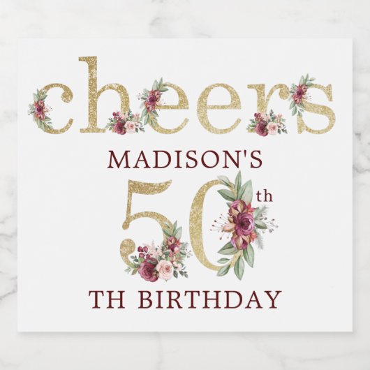 50e verjaardag Aangepaste gouden bloem Sparkling Wijnetiket (Enkel label)