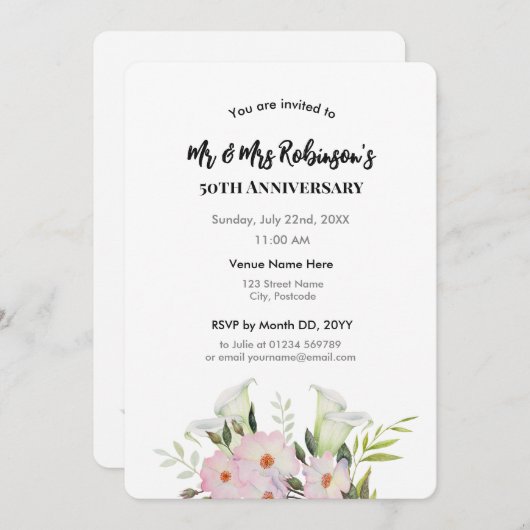 50e verjaardag Aquarel Witte Calla lelie Rozen Kaart (Voorkant / Achterkant)