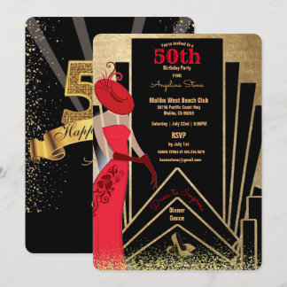 50e verjaardag Art Deco Design 1920's Lady in Red  Kaart