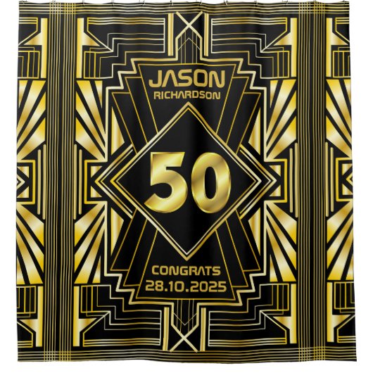 50e verjaardag Art Deco Gold Black Grote Gatsby Douchegordijn (Voorkant)