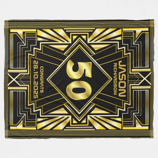 50e verjaardag Art Deco Gold Black Grote Gatsby Fleece Deken (Voorkant (Horizontaal))