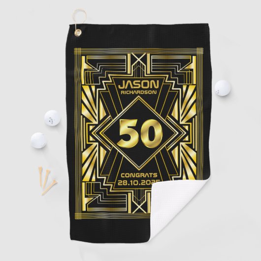 50e verjaardag Art Deco Gold Black Grote Gatsby Golfhanddoek (Insitu)