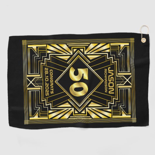 50e verjaardag Art Deco Gold Black Grote Gatsby Golfhanddoek (Horizontaal)