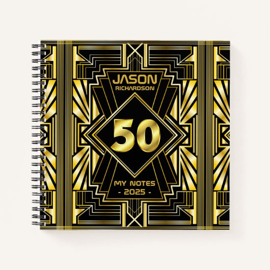 50e verjaardag Art Deco Gold Black Grote Gatsby Notitieboek (Voorkant)