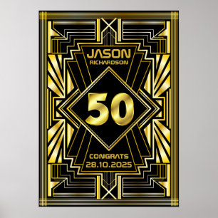 50e verjaardag Art Deco Gold Black Grote Gatsby Poster