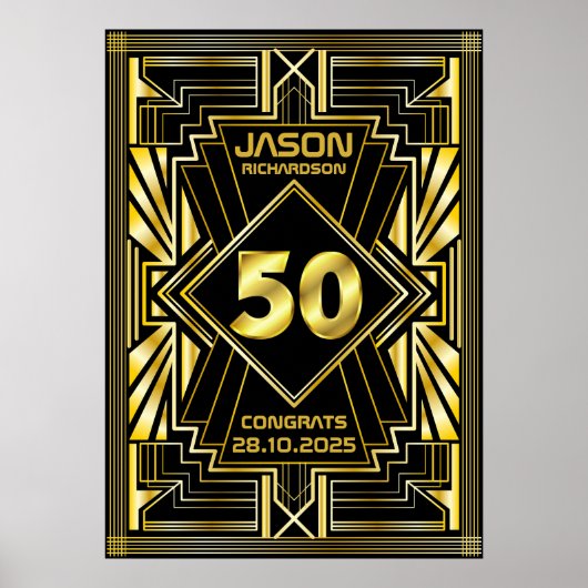 50e verjaardag Art Deco Gold Black Grote Gatsby Poster (Voorkant)