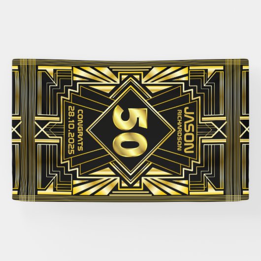 50e verjaardag Art Deco Gold Black Grote Gatsby Spandoek (Horizontaal)