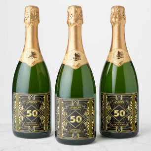 50e verjaardag Art Deco Gold Black Grote Gatsby Sparkling Wijnetiket