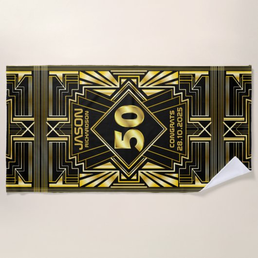 50e verjaardag Art Deco Gold Black Grote Gatsby Strandlaken (Voorkant)