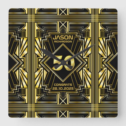 50e verjaardag Art Deco Gold Black Grote Gatsby Vierkante Klok (Voorkant)