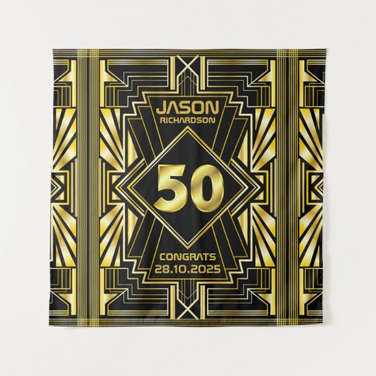 50e verjaardag Art Deco Gold Black Grote Gatsby Wandkleed (Voorkant)