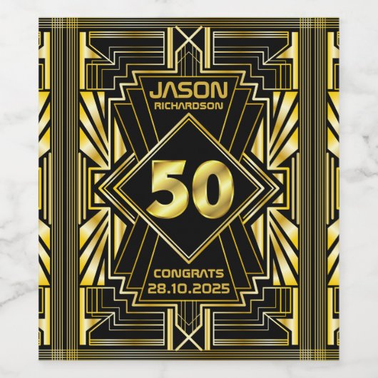 50e verjaardag Art Deco Gold Black Grote Gatsby Wijn Etiket (Enkel label)