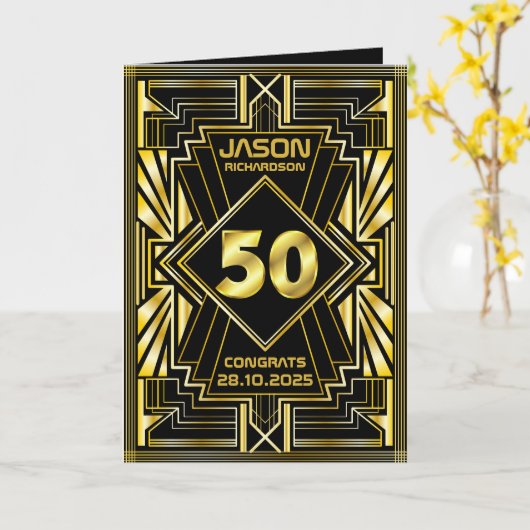 50e verjaardag Art Deco Gold Black Kaart (Gele Bloem)